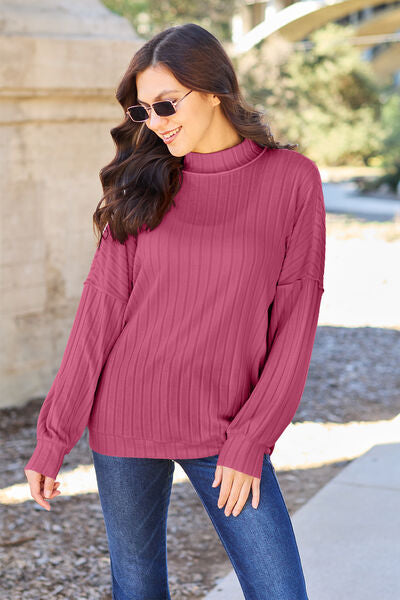 Basic Bae Full Size Ribbed Exposed Seam Mock Neck Knit Women Top