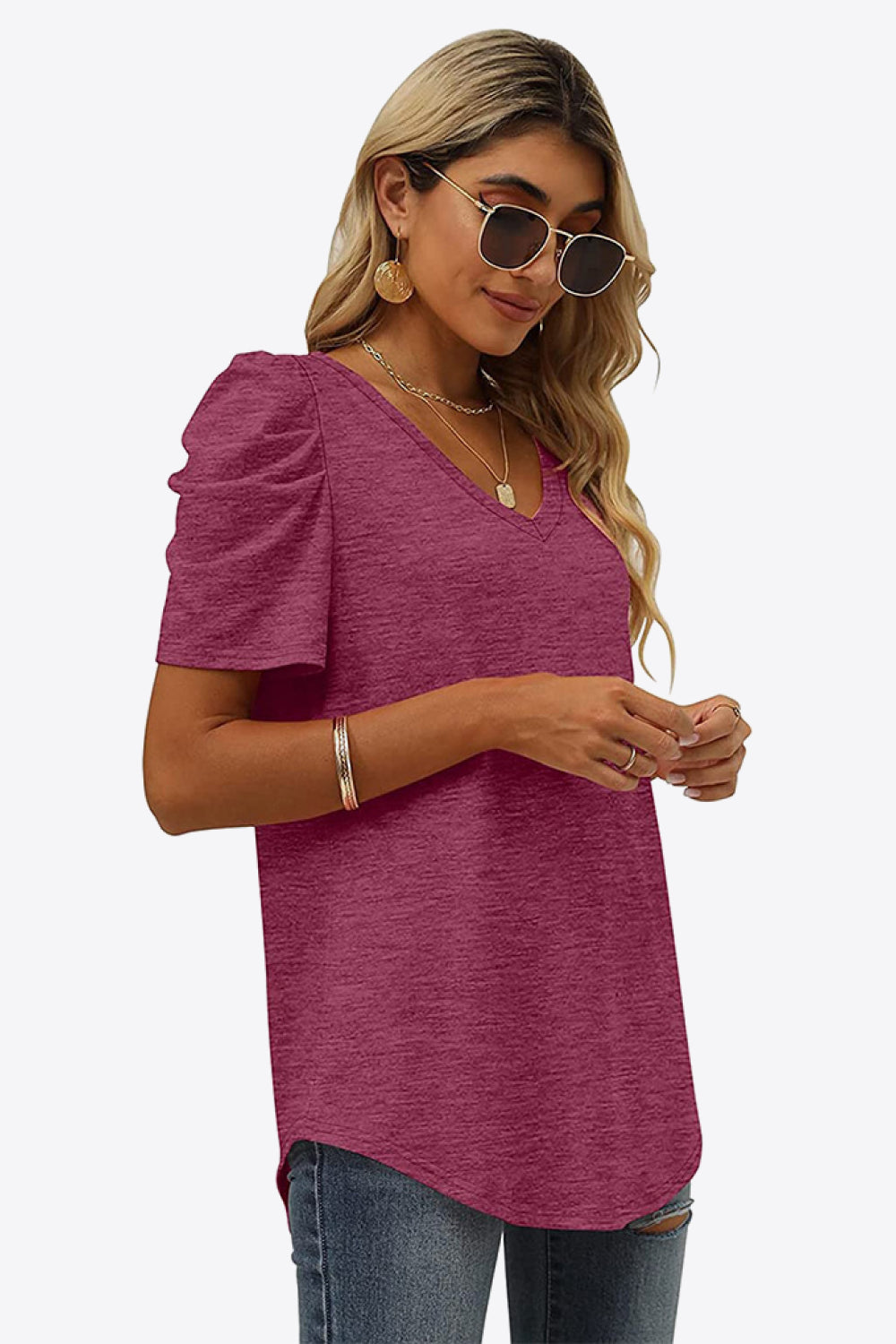 V-Neck Puff Sleeve Women T-Shirt