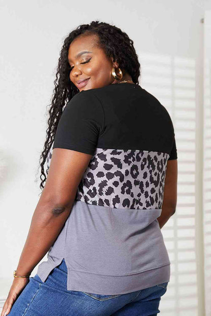 Double Take Leopard Print Color Block Short Sleeve Women T-Shirt