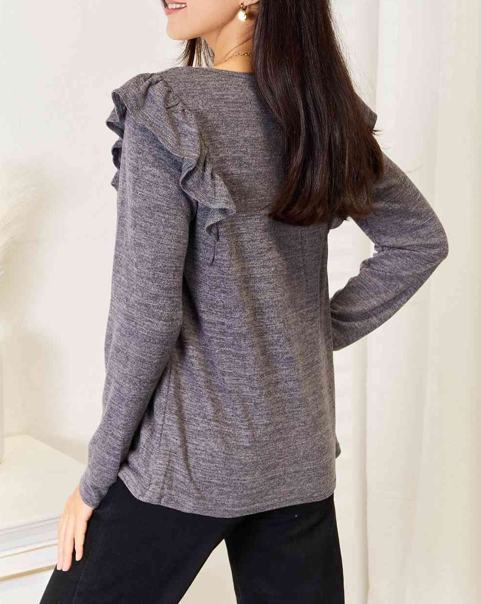 Double Take Square Neck Ruffle Shoulder Long Sleeve Women T-Shirt