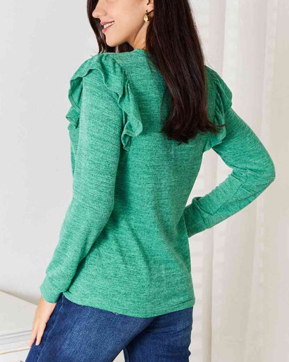 Double Take Ruffle Shoulder Long Sleeve Women T-Shirt