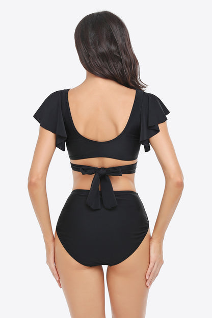 Two-Tone Flutter Sleeve Tied Two-Piece Swimsuit - Zara-Craft
