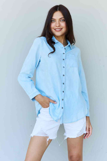 Doublju Blue Jean Baby Denim Button Down Women Shirt Top in Light Blue