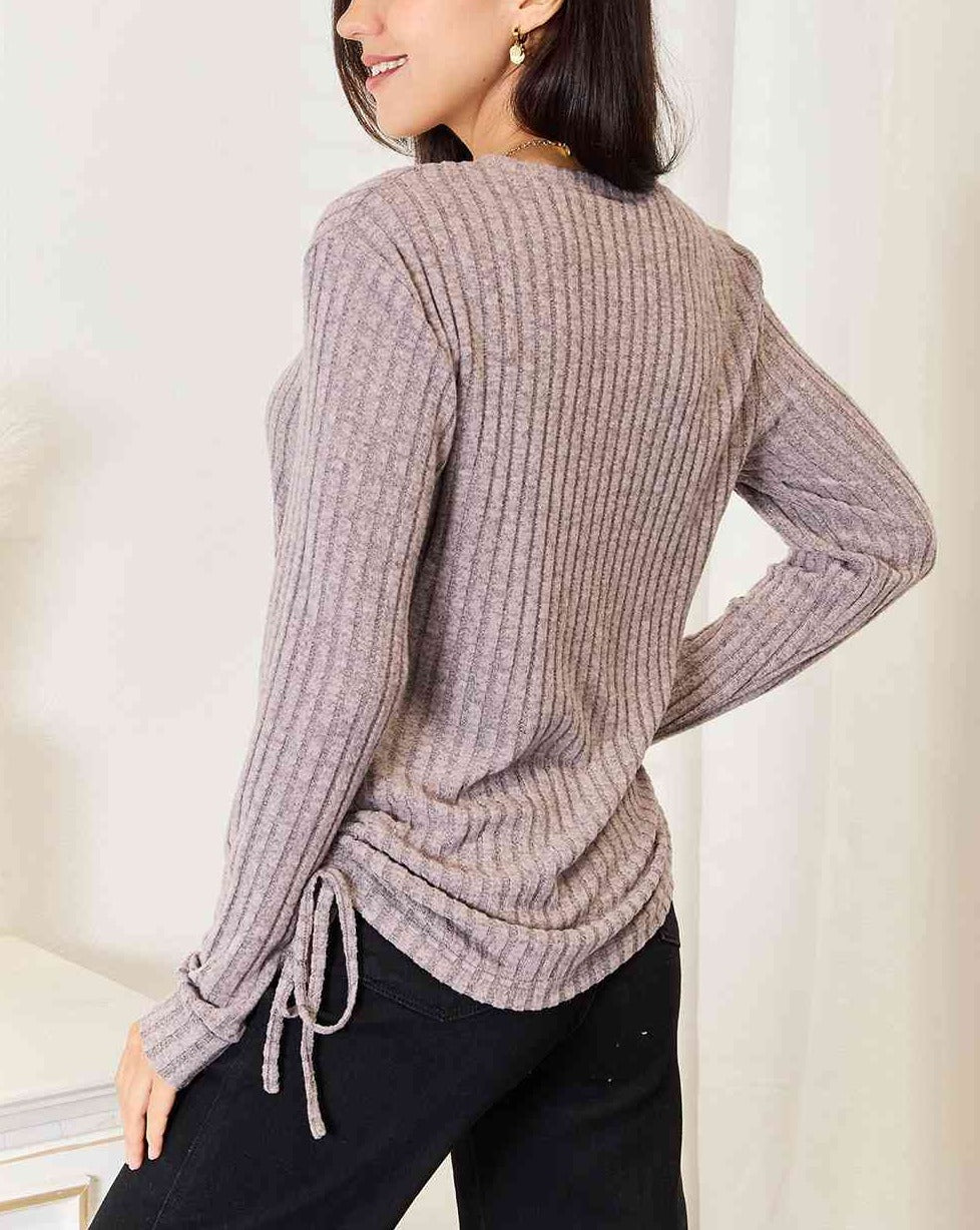 Double Take Drawstring Ribbed Long Sleeve Women T-Shirt