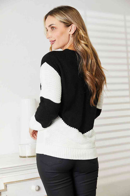 Woven Right Two-Tone Openwork Rib-Knit Women Sweater