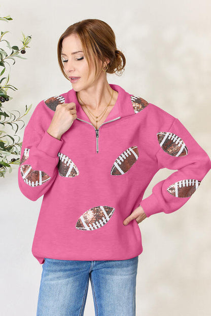 Double Take Full Size Sequin Football Half Zip Long Sleeve Women Sweatshirt