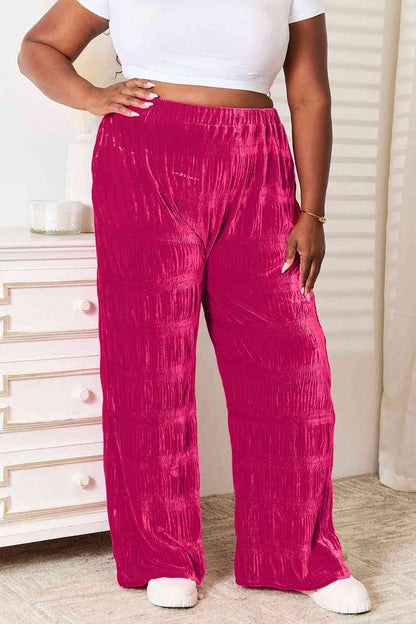 Double Take Full Size High Waist Tiered Shirring Velvet Wide Leg Women Pants