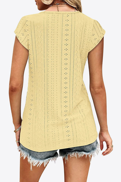 Eyelet Contrast V-Neck Women T-Shirt