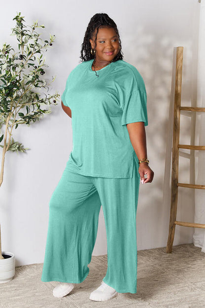 Double Take Full Size Round Neck Slit Women Top and Pants Set