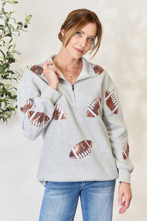 Double Take Full Size Sequin Football Half Zip Long Sleeve Women Sweatshirt