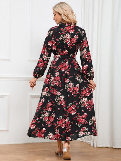 Floral Tie Front Balloon Sleeve Women Dress