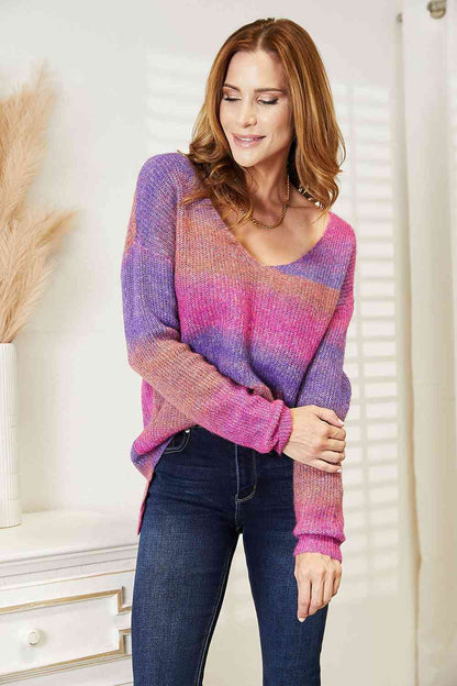 Double Take Multicolored Rib-Knit V-Neck Knit Women Pullover