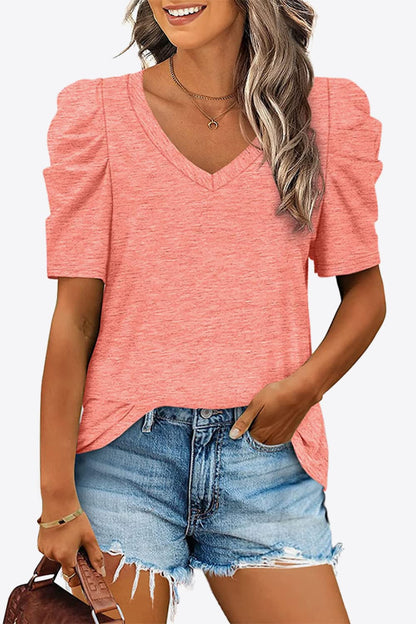 V-Neck Puff Sleeve Women T-Shirt