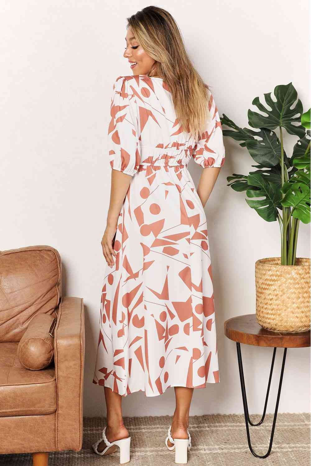 Double Take Printed Surplice Balloon Sleeve Women Dress