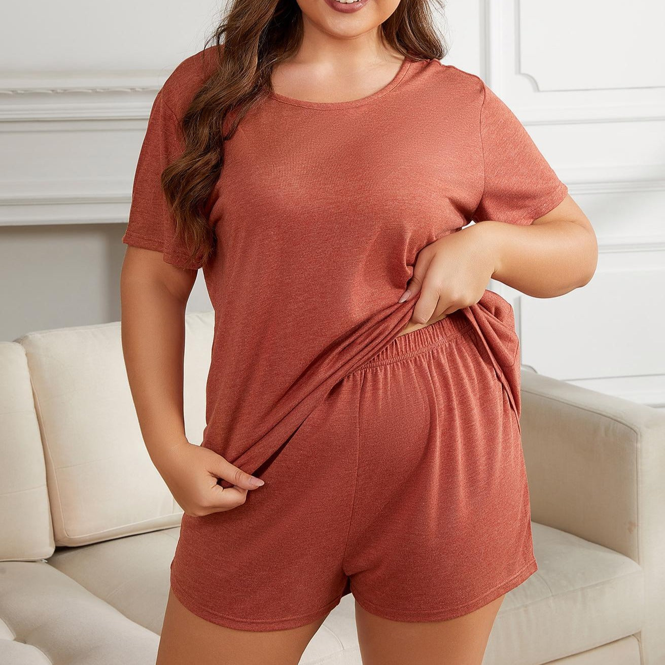 Plus Size Round Neck Short Sleeve Two-Piece Loungewear Women Set