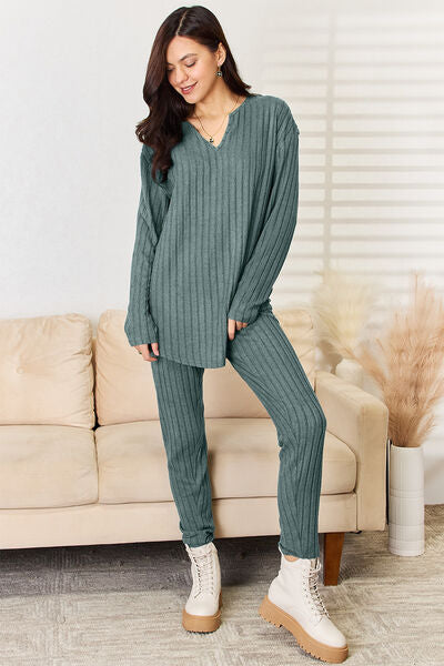 Basic Bae Full Size Notched Long Sleeve Top and Pants Women Set