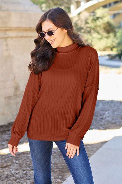 Basic Bae Full Size Ribbed Exposed Seam Mock Neck Knit Women Top