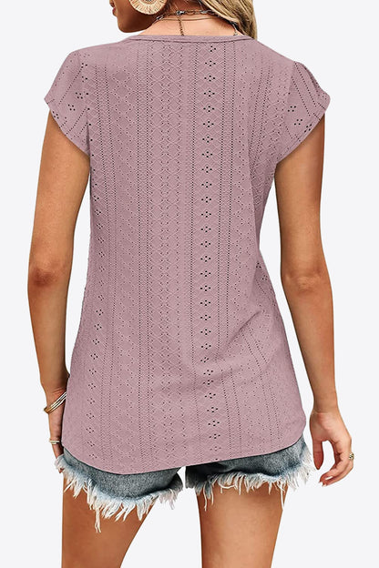 Eyelet Contrast V-Neck Women T-Shirt