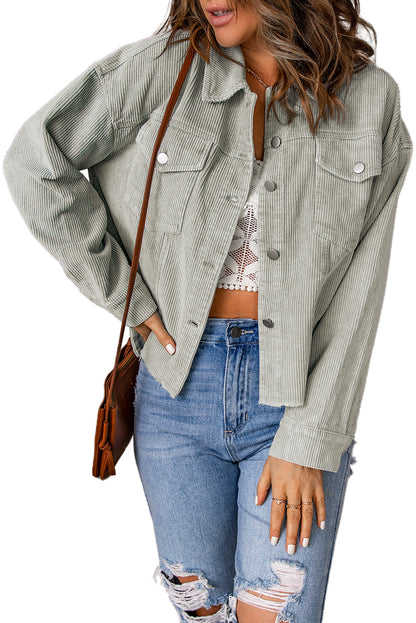 SYNZ Raw Hem Button Down Corduroy Women Jacket with Pockets