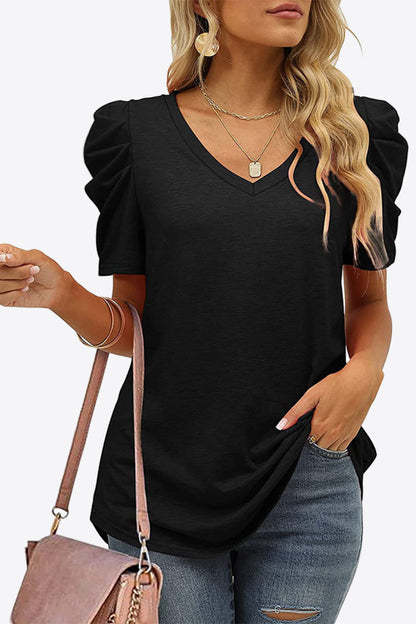 V-Neck Puff Sleeve Women T-Shirt