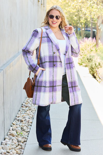 Double Take Full Size Plaid Button Up Lapel Women Collar Coat