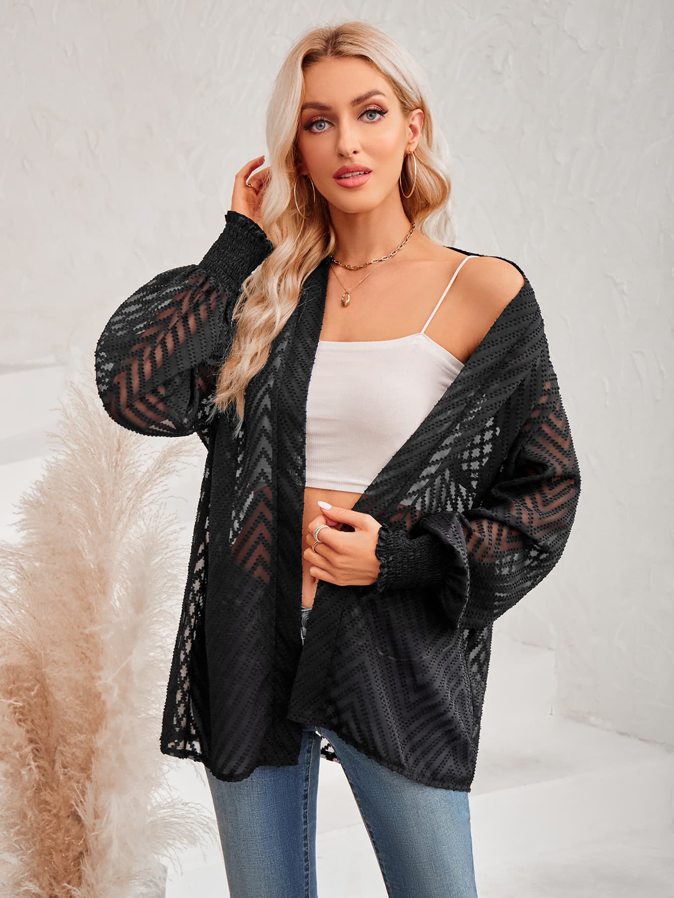 Lantern Sleeve Open Front Sheer Women Cardigan