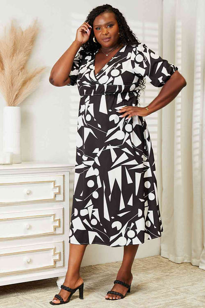 Double Take Printed Surplice Balloon Sleeve Women Dress