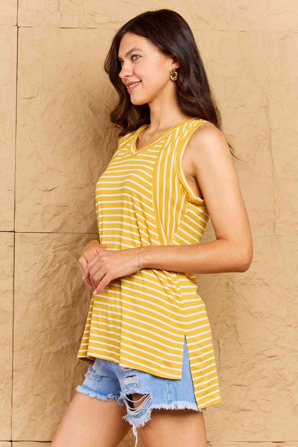 Doublju Talk To Me Full Size Striped Sleeveless V-Neck Women Top