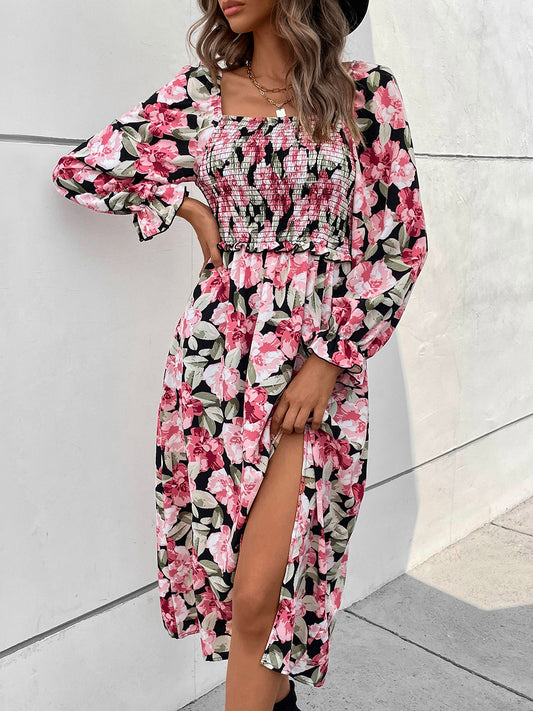 Slit Smocked Floral Flounce Sleeve Women Dress