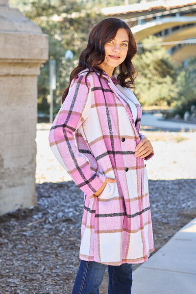 Double Take Full Size Plaid Button Up Lapel Women Collar Coat