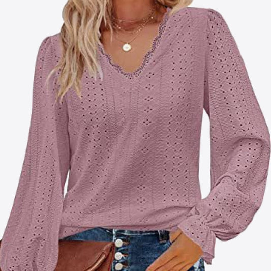 Eyelet V-Neck Flounce Sleeve Women Blouse