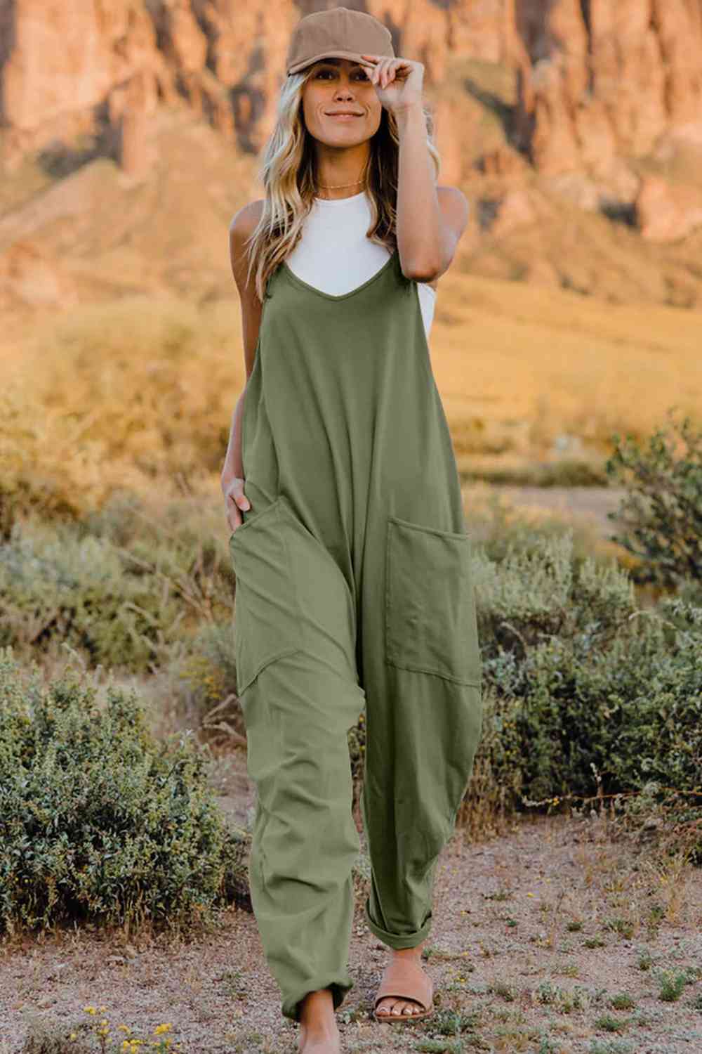 Double Take Full Size V-Neck Sleeveless Women Jumpsuit with Pockets