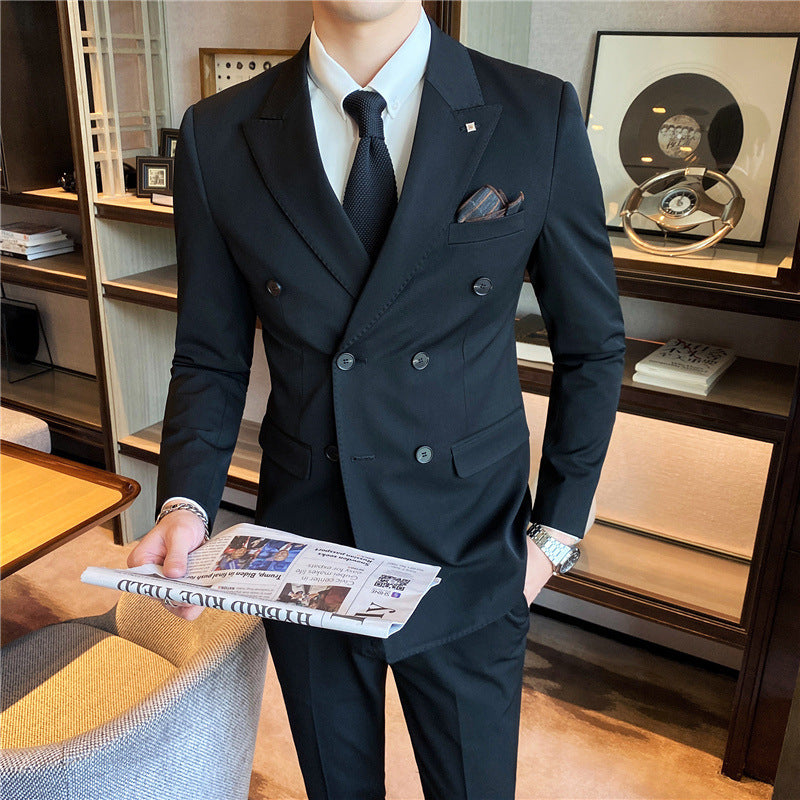 Spring Men's Business Fashion Suit Set - Solid Color, Double Buckle, Three-Piece, Four Seasons Dress