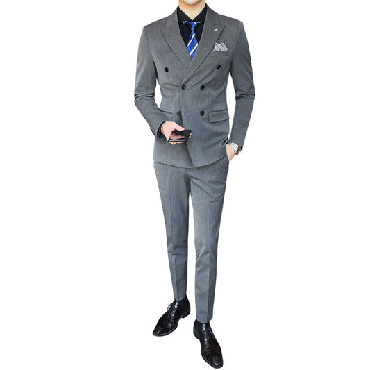 Spring Men's Business Fashion Suit Set - Solid Color, Double Buckle, Three-Piece, Four Seasons Dress