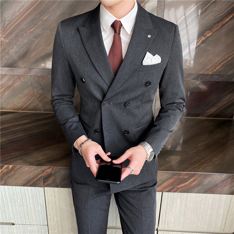 Spring Men's Business Fashion Suit Set - Solid Color, Double Buckle, Three-Piece, Four Seasons Dress