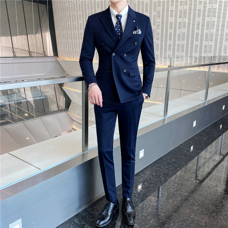 Spring Men's Business Fashion Suit Set - Solid Color, Double Buckle, Three-Piece, Four Seasons Dress