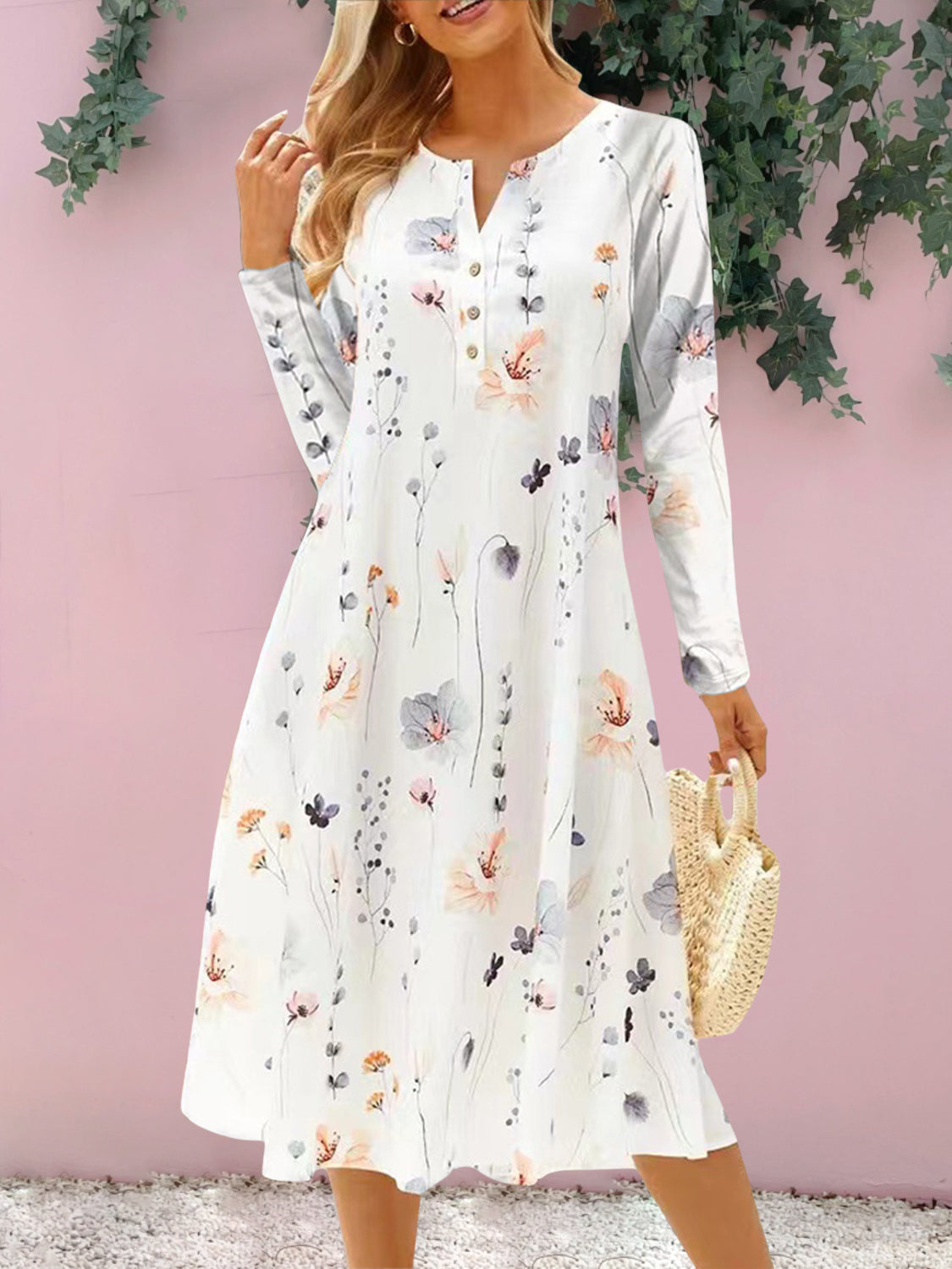 Floral Notched Long Sleeve Midi Women Dress