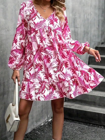 Floral V-Neck Balloon Sleeve Women Dress