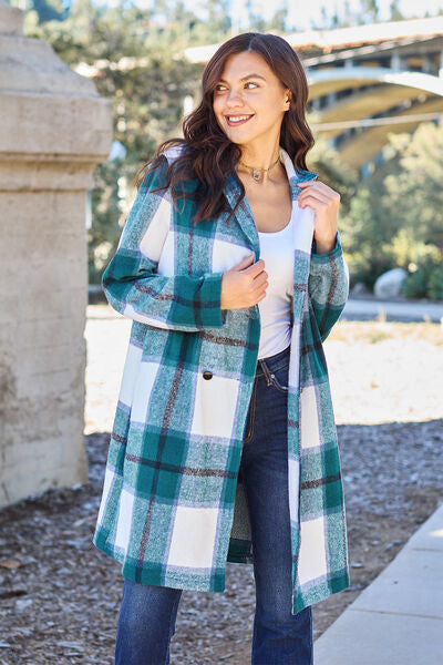 Double Take Full Size Plaid Button Up Lapel Women Collar Coat