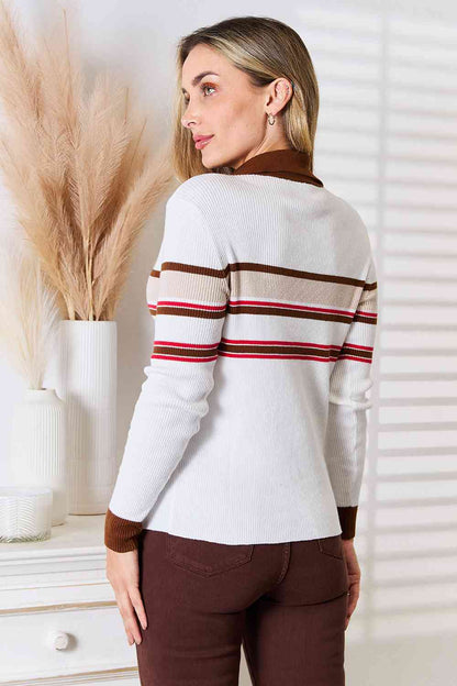 Basic Bae Striped Collared Neck Rib-Knit Women Top