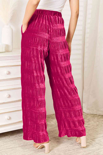 Double Take Full Size High Waist Tiered Shirring Velvet Wide Leg Women Pants