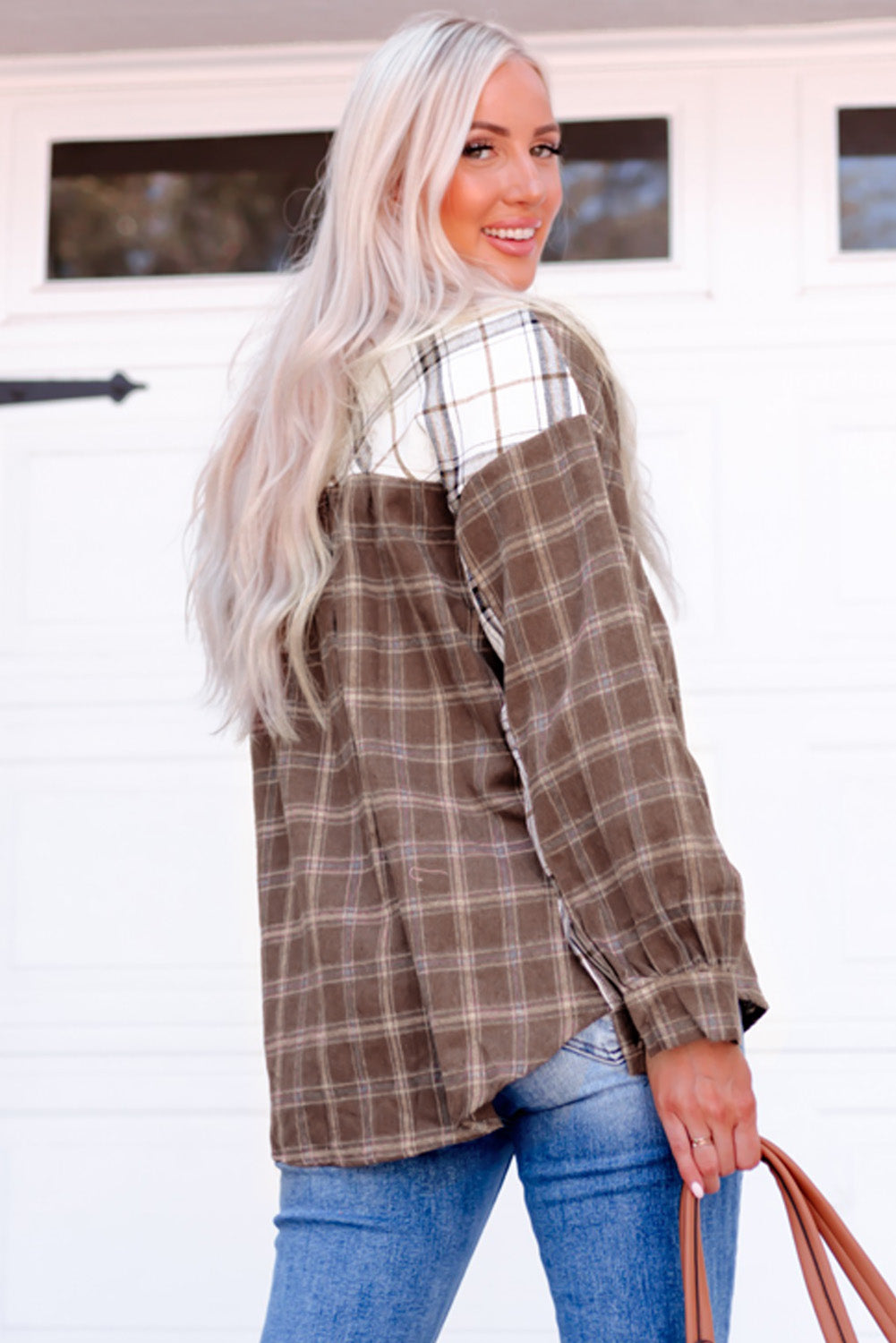 Plaid Contrast Button Up Women Shirt Jacket