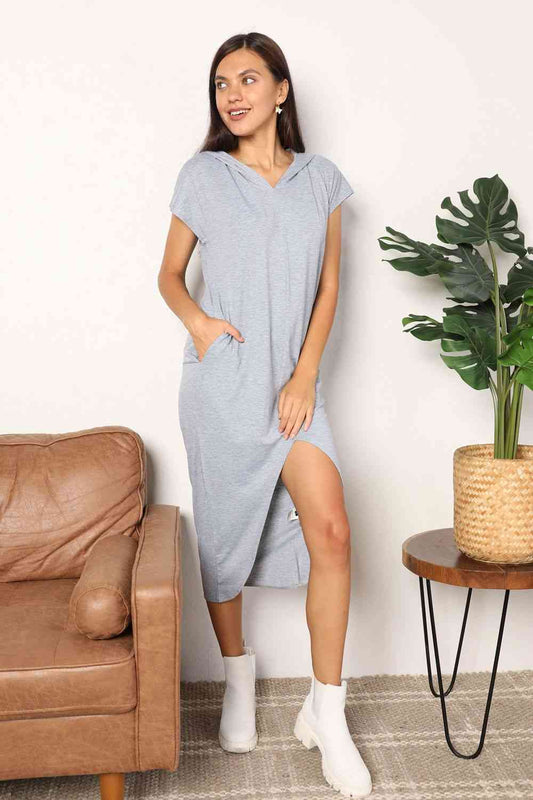 Double Take Short Sleeve Front Slit Hooded Women Dress