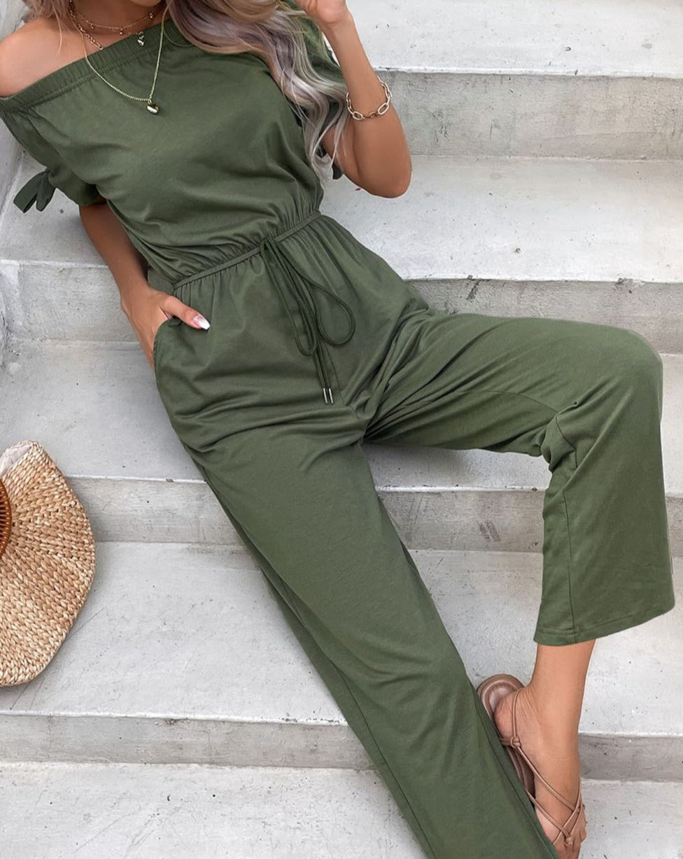 Off-Shoulder Tie Cuff Women Jumpsuit with Pockets