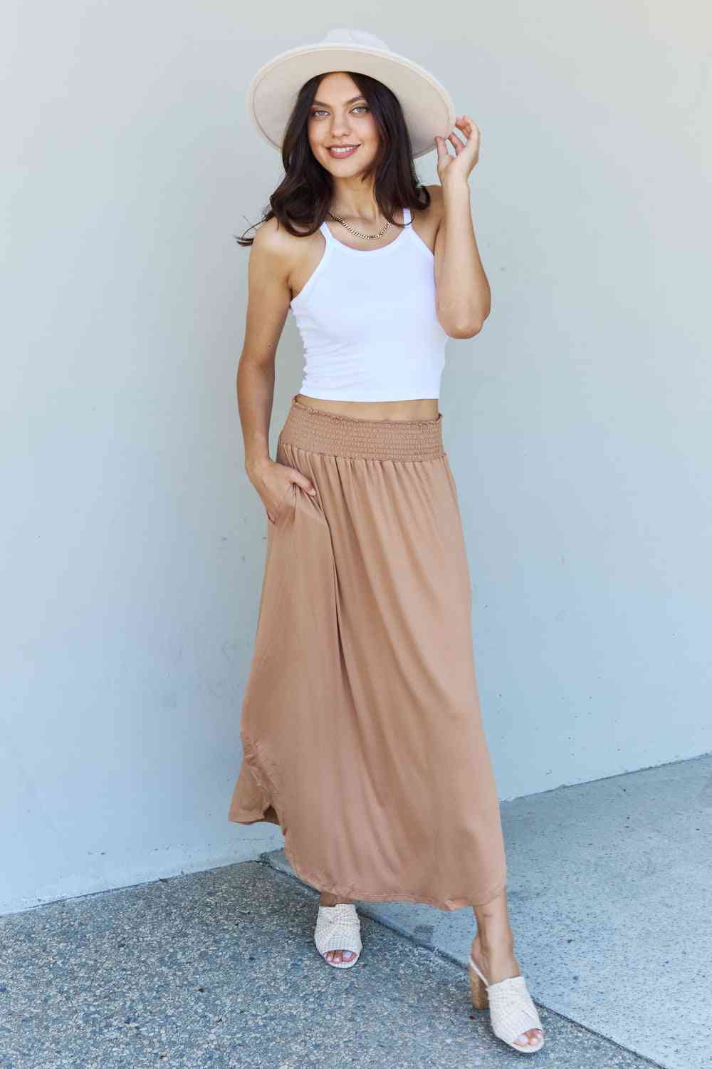 Doublju Comfort Princess Full Size High Waist Scoop Hem Women Maxi Skirt in Tan