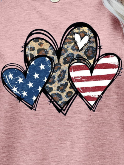 US Flag Leopard Heart Graphic Women Tee Shirt