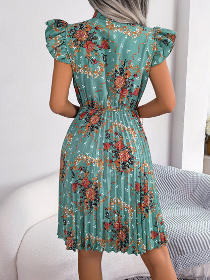 Pleated Floral Printed Tie Neck Knee Length Women Dress