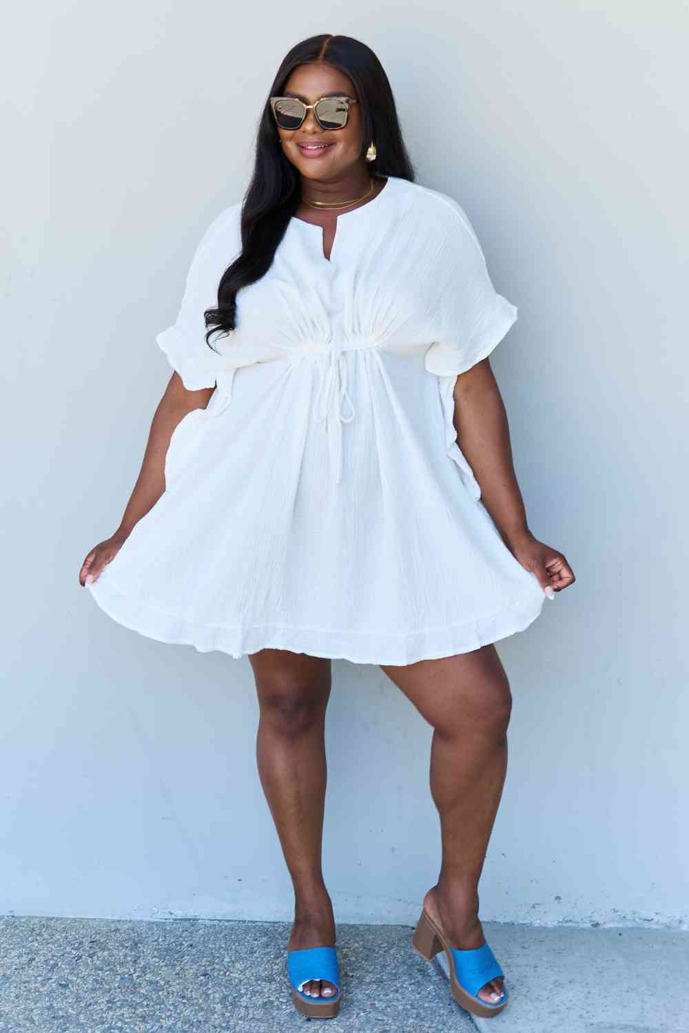 Ninexis Out Of Time Full Size Ruffle Hem Women Dress with Drawstring Waistband in White