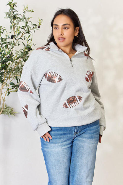 Double Take Full Size Sequin Football Half Zip Long Sleeve Women Sweatshirt