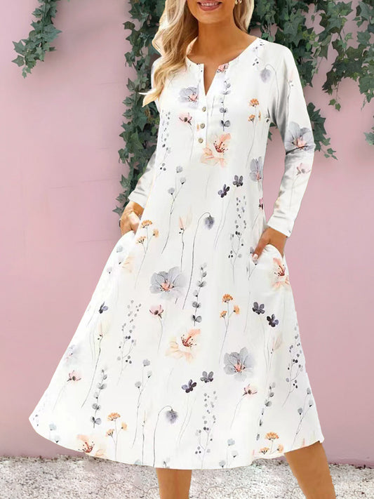 Floral Notched Long Sleeve Midi Women Dress